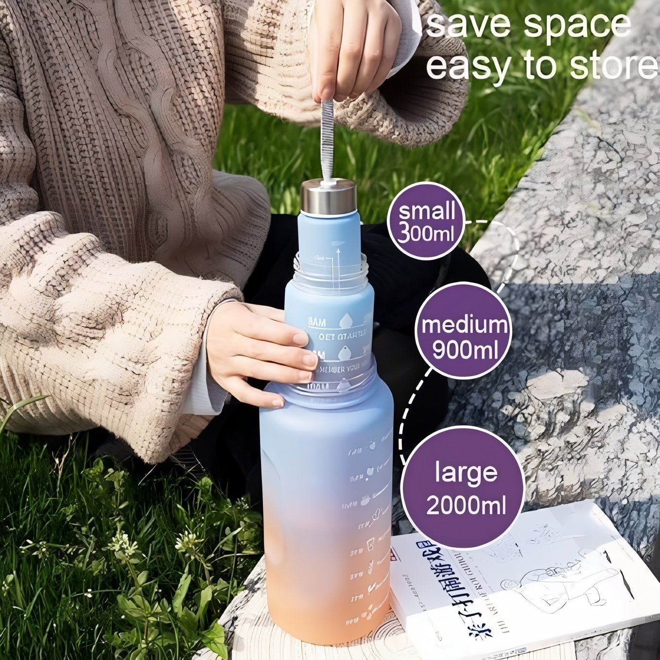 3in1 Motivational Water Bottle Set, 2L/900ml/300ml - Image 2